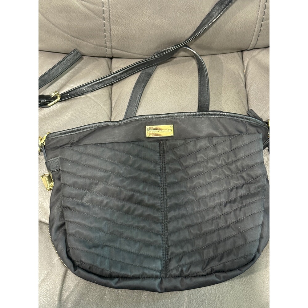 Steve Madden Black Quilted Nylon Shoulder‎ Bag Convertible Crossbody Tote Gold